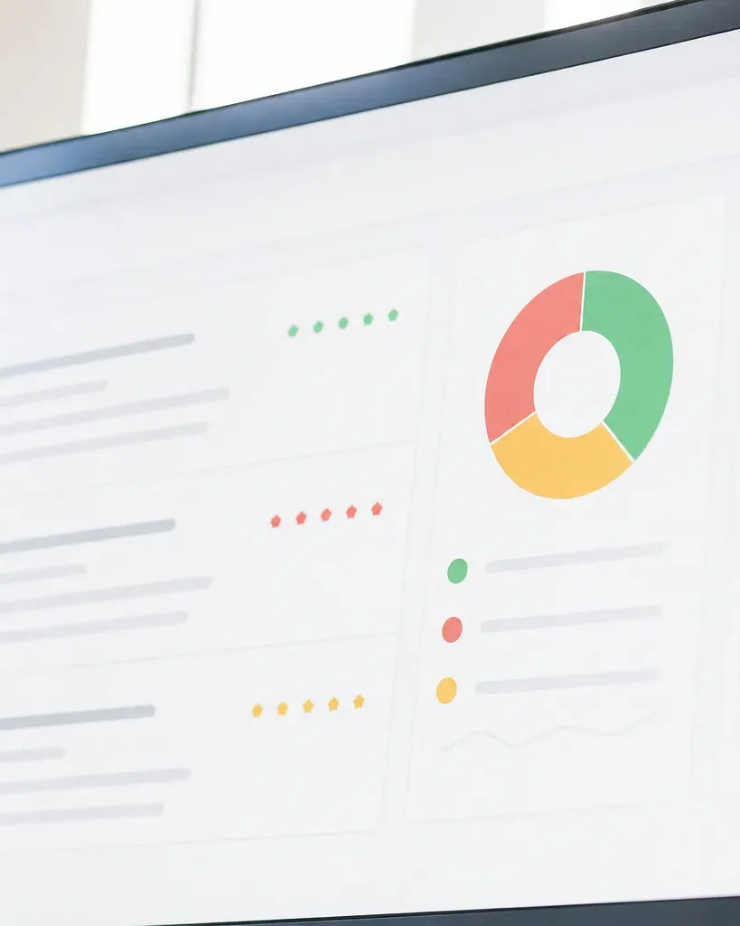 A monitor screen displays a dashboard with a donut chart in red, green and yellow, line graphs, and abstract list items with coloured dot markers