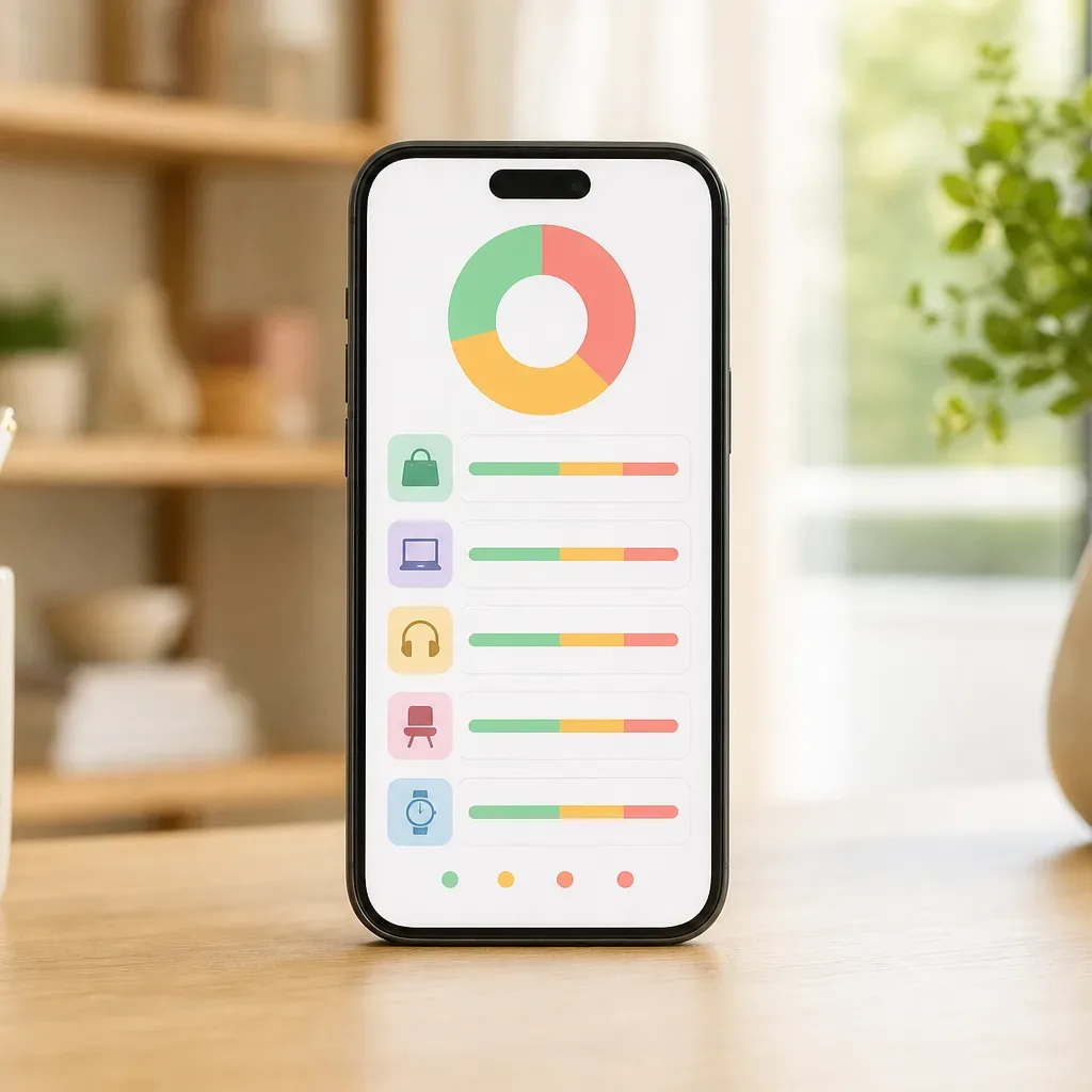 A smartphone standing upright on a wooden desk beside a pot of pencils and a houseplant, its screen displaying a colourful donut chart and a list of category icons with horizontal progress bars