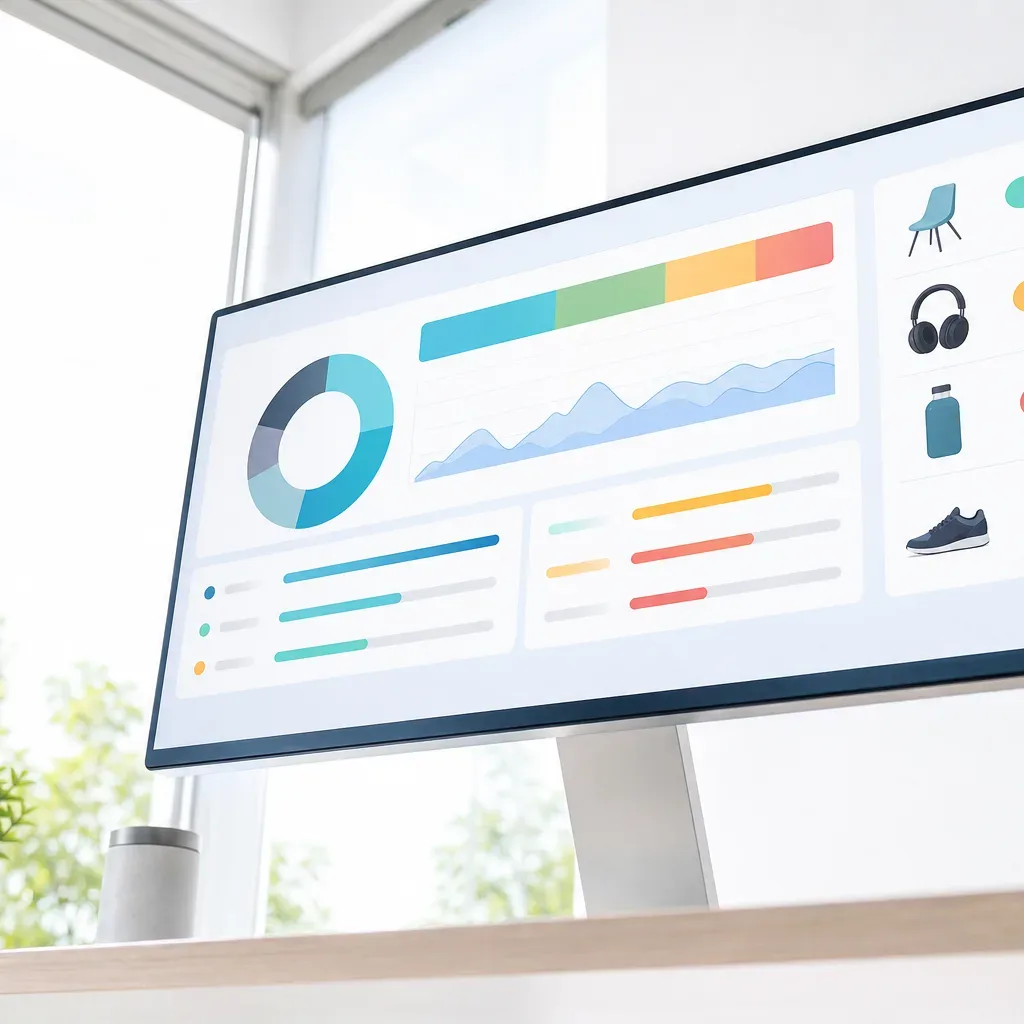 A monitor on a desk displays a colourful analytics dashboard featuring charts, a donut graph, and product icons against a bright window