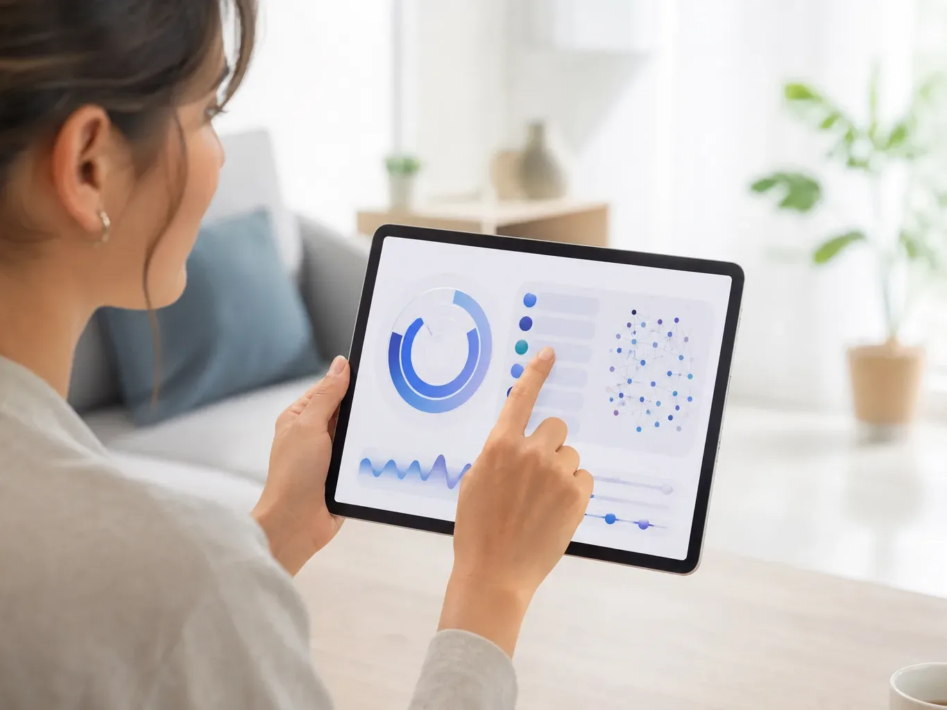 A person holds a tablet displaying abstract data visualisations in blue, touching the screen with one finger, in a softly blurred home interior
