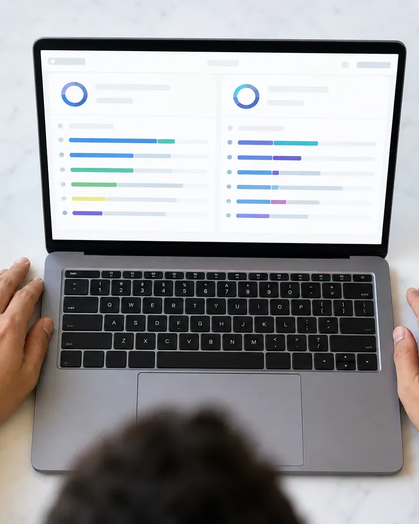 A person rests both hands on either side of an open laptop displaying colourful bar charts and donut graphs on a white interface, viewed from above on a marble surface beside a coffee cup and a plant