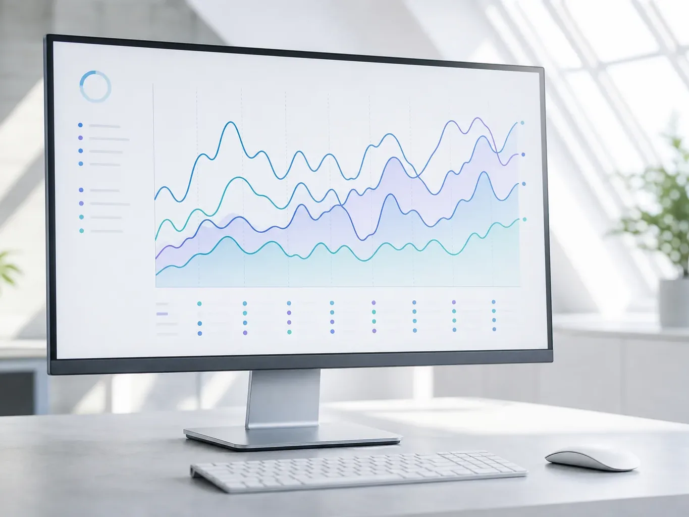 A widescreen monitor on a white desk displays a multi-line trend chart in blue and teal tones, beside a keyboard and mouse in a bright open workspace