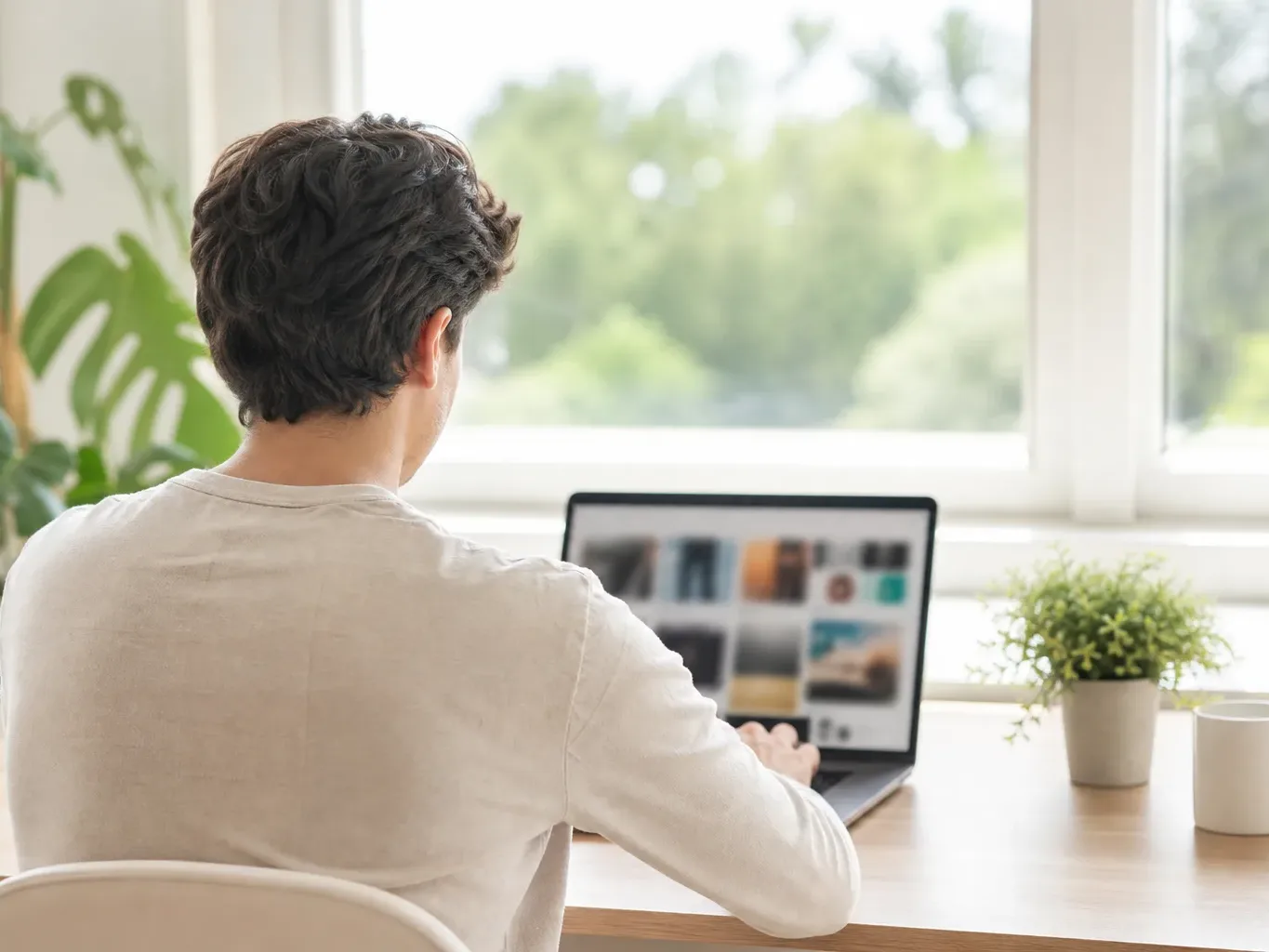 A person seen from behind sits at a wooden desk using a laptop displaying a grid of abstract images, with two mugs and a small plant nearby