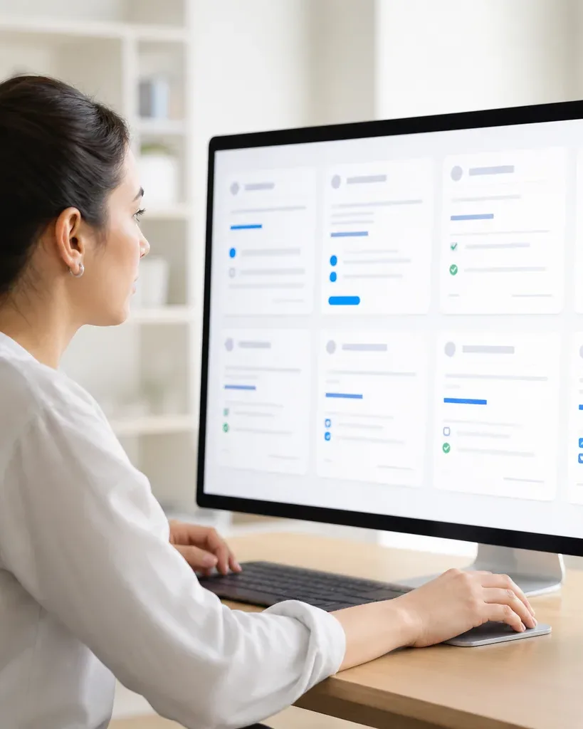 A person sits at a desk using a keyboard and mouse, looking at a large monitor displaying a grid of abstract interface cards with blue and green elements