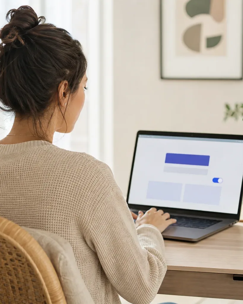 A person seen from behind sits at a wooden desk in a light-filled home workspace, typing on a laptop displaying an abstract blue interface