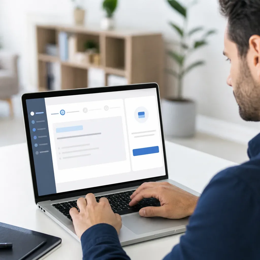 A person sits at a white desk in a home workspace, typing on a laptop that displays an abstract interface with blue and grey UI elements, with a plant and coffee cup nearby