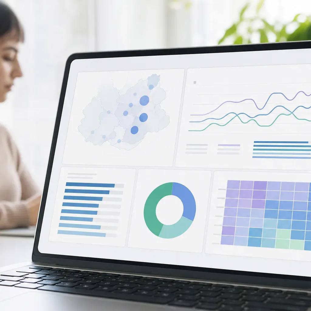 A person sits behind a laptop displaying a colourful data dashboard with charts, maps and graphs on screen