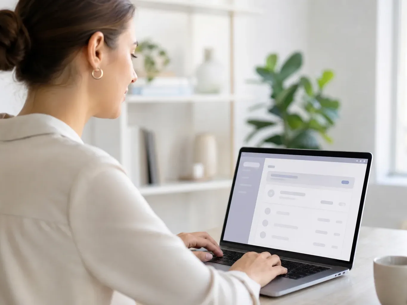 A person at a laptop at eye level in flat even lighting