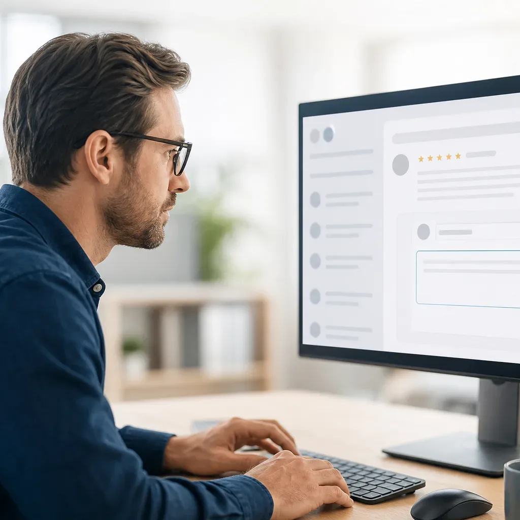 A person wearing glasses sits at a desk typing on a keyboard, looking at a large monitor displaying an abstract review interface with star ratings and a text-entry field