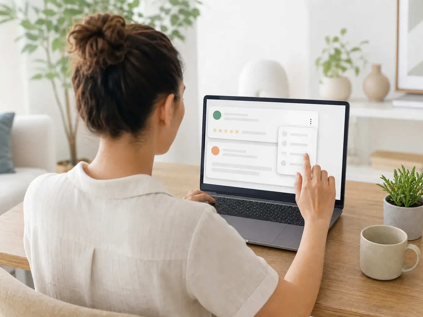 A person seen from behind touches the screen of a laptop displaying an abstract interface, at a wooden desk with a coffee cup and small plant nearby