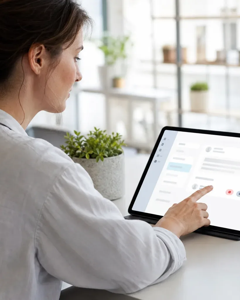 A person sits at a desk in a bright workspace, touching the screen of a tablet propped on a stand, with a plant and a mug nearby