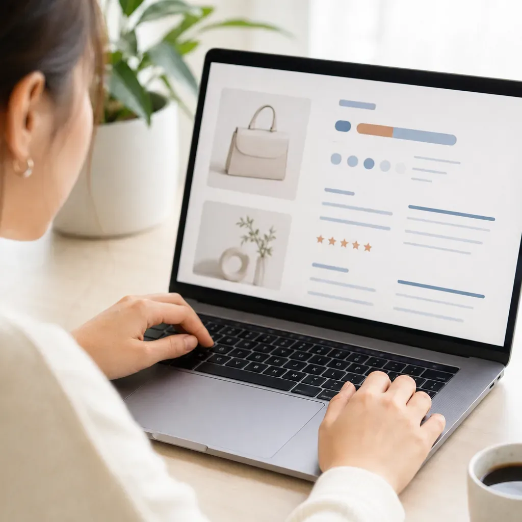A person browses an e-commerce product page on a laptop at a desk, with a coffee cup and headphones nearby
