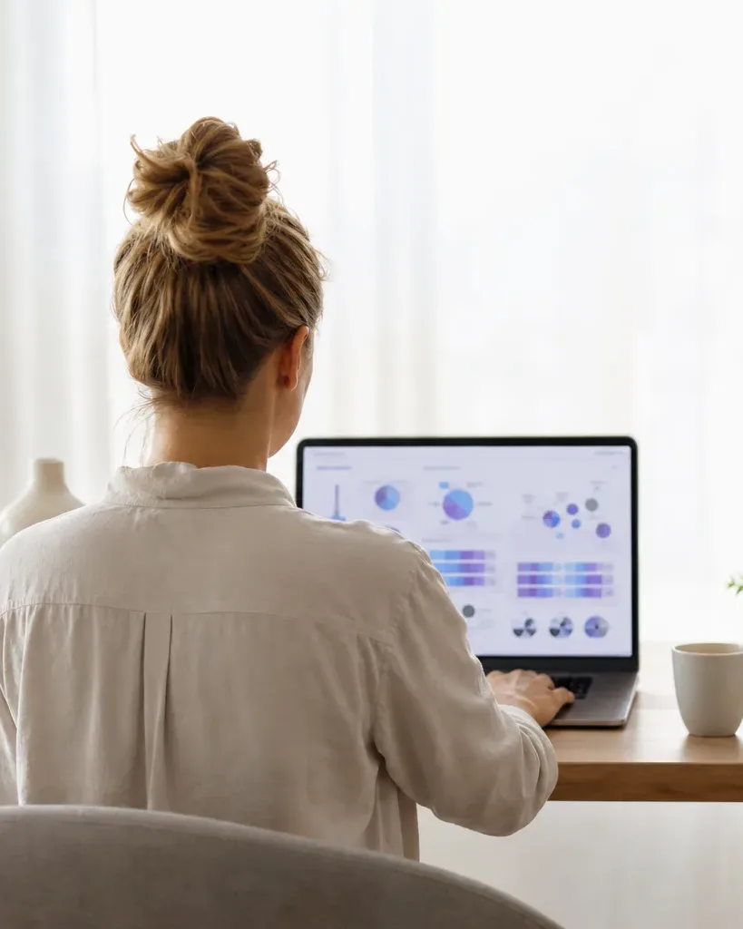 A person seen from behind sits at a wooden desk in a bright home workspace, working at a laptop displaying colourful data charts and graphs, with a coffee cup and small plants nearby