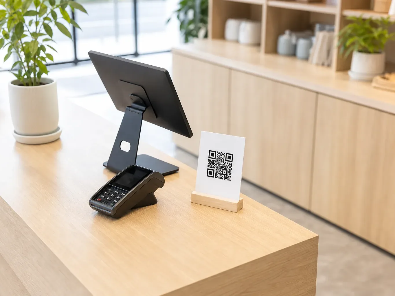 A checkout counter holds a card payment terminal, a tablet on a stand, and a small card displaying a QR code, with shelving and plants visible behind