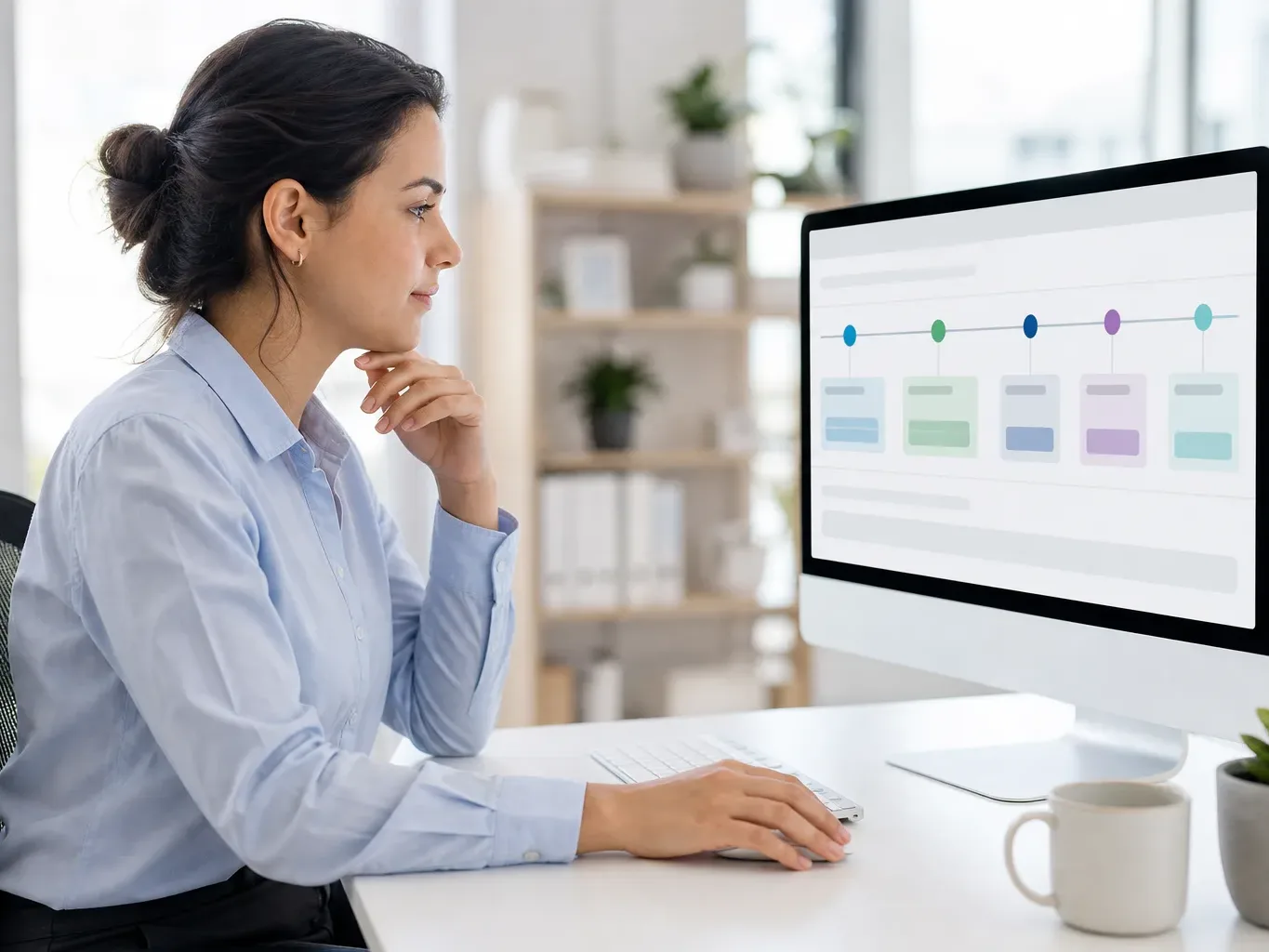 A person sits at a desk in a modern office, studying a timeline or scheduling interface displayed on a large monitor, with one hand resting on a mouse