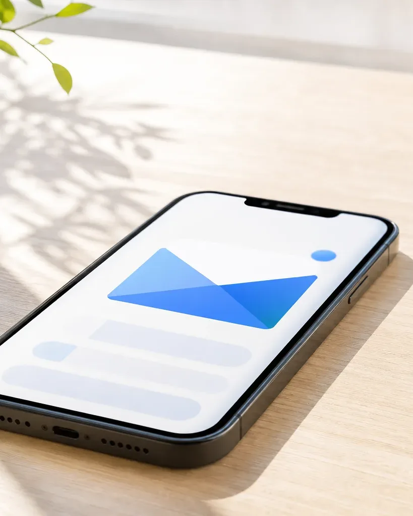A smartphone lying face-up on a wooden surface displays a blue envelope icon with a notification dot, beside a potted plant and a glass of water
