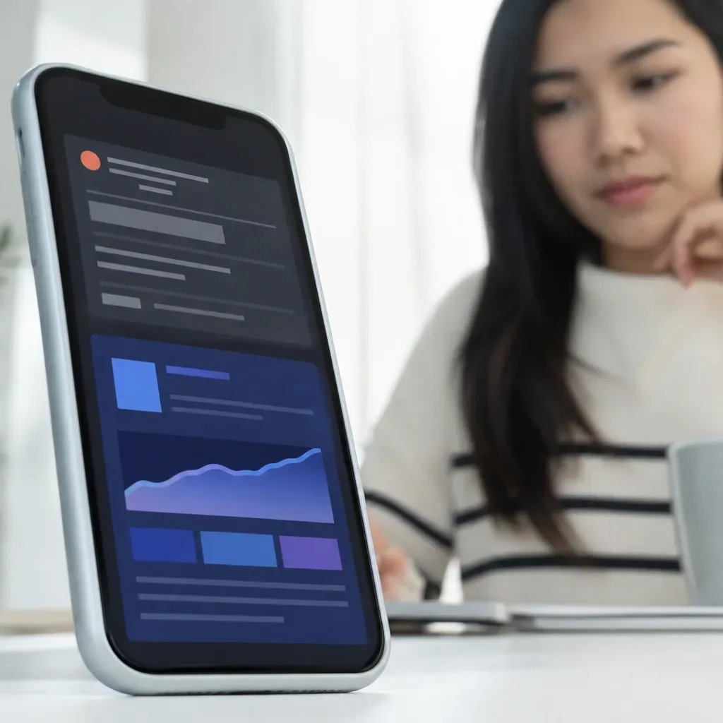 A person sits at a desk looking at a phone propped upright in the foreground, its screen displaying an abstract dark-themed dashboard with charts, beside a mug