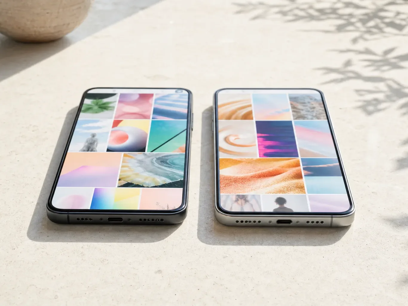 Two smartphones lying flat on a pale stone surface, each screen displaying a colourful grid of abstract images