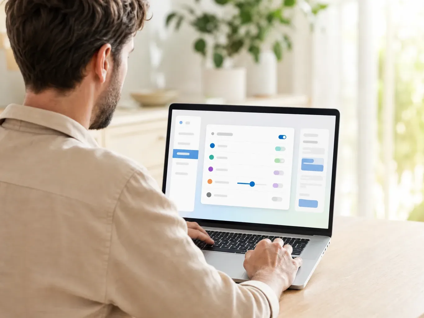 A person seen from behind works at a laptop at a wooden desk in a light-filled home interior, the screen displaying a colourful settings panel with toggles and a slider