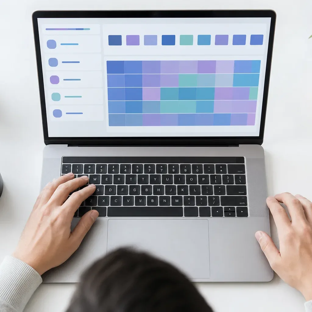 A person works at a laptop from above, the screen displaying a colourful abstract grid of blue, purple and teal swatches, beside a coffee cup and two small potted plants