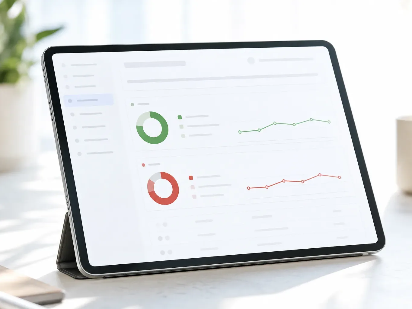 A tablet on a stand displays a dashboard with two donut charts and line graphs in green and red, on a white desk beside a plant