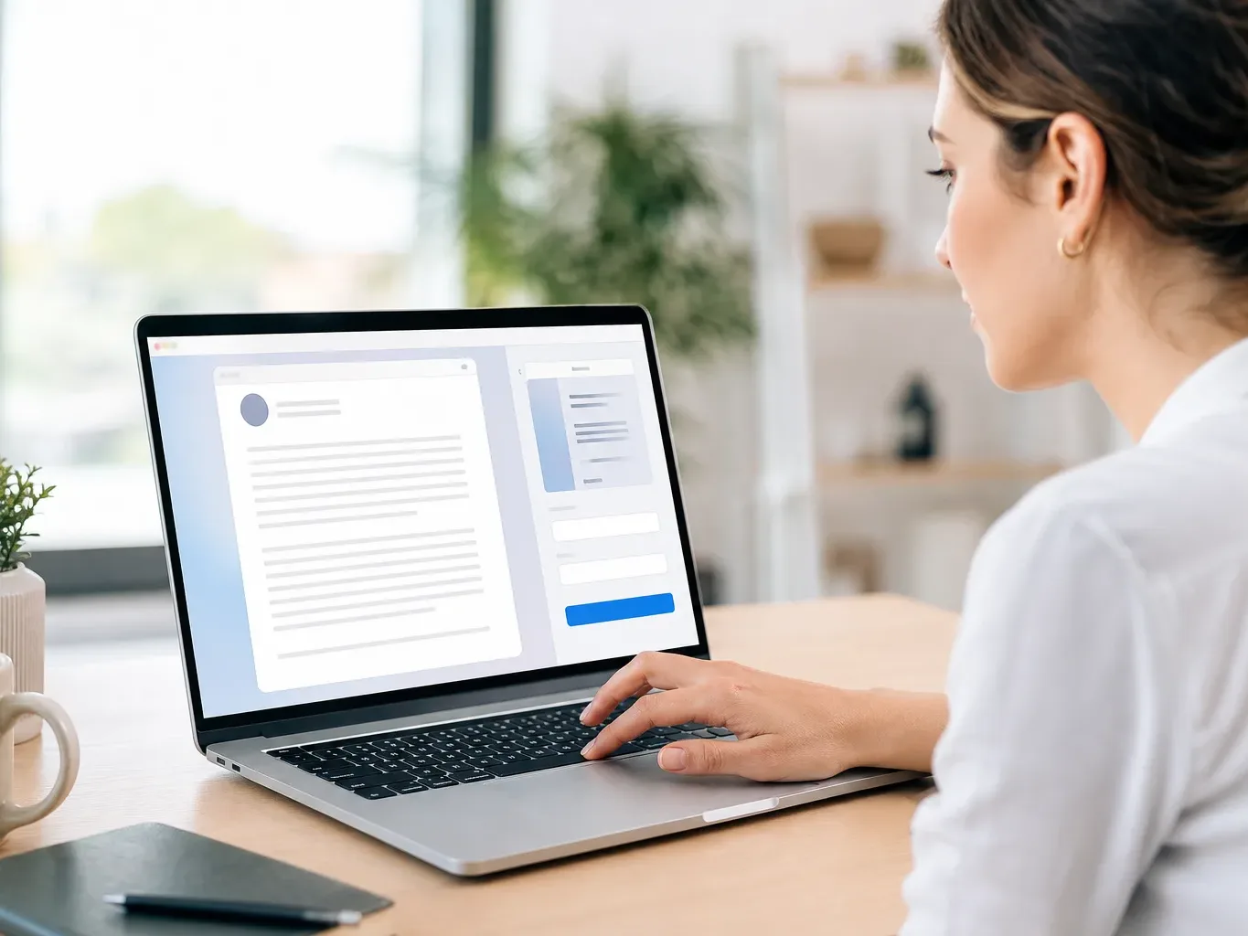 A person at a laptop at eye level in flat even lighting