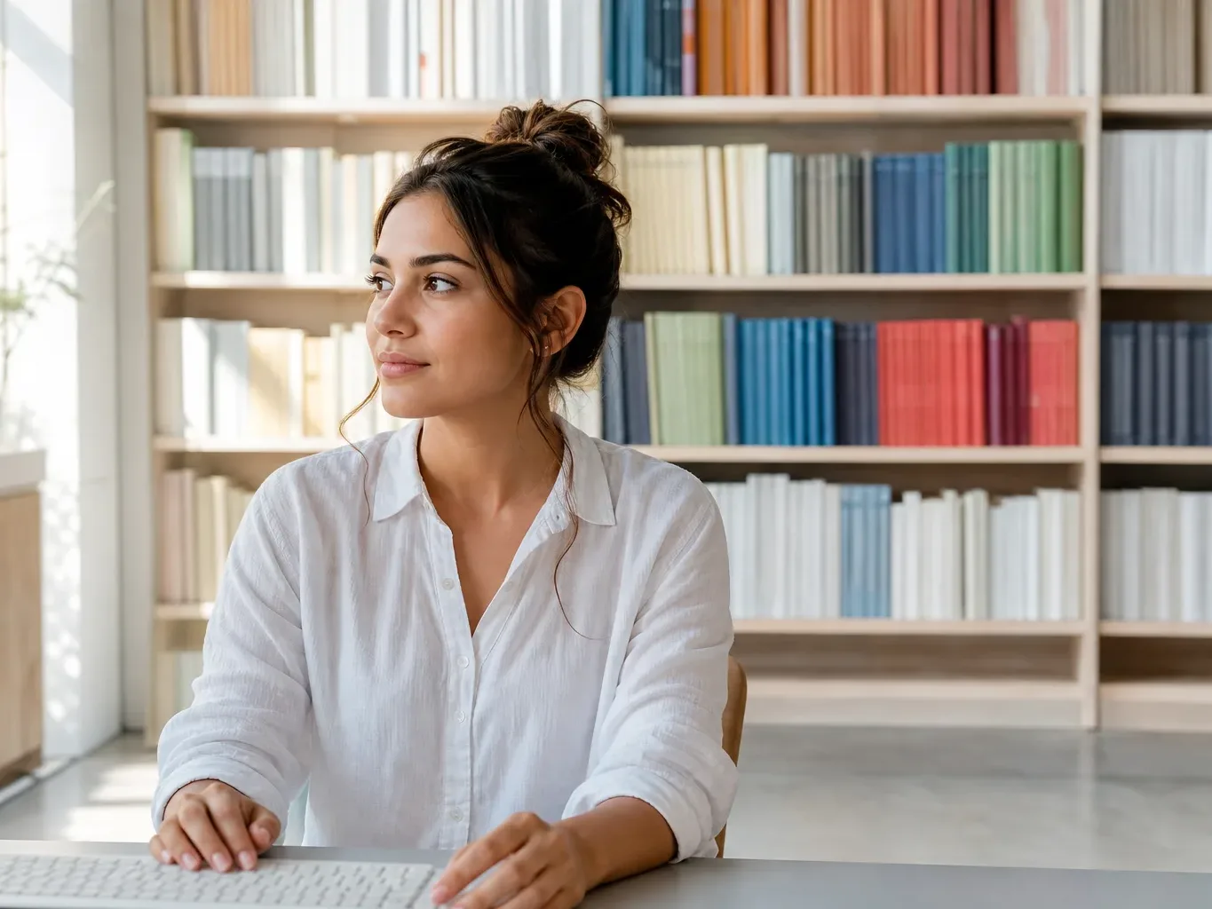 A person sits at a desk with a keyboard in front of a large bookshelf filled with colourful neatly arranged books, glancing to one side in a bright interior