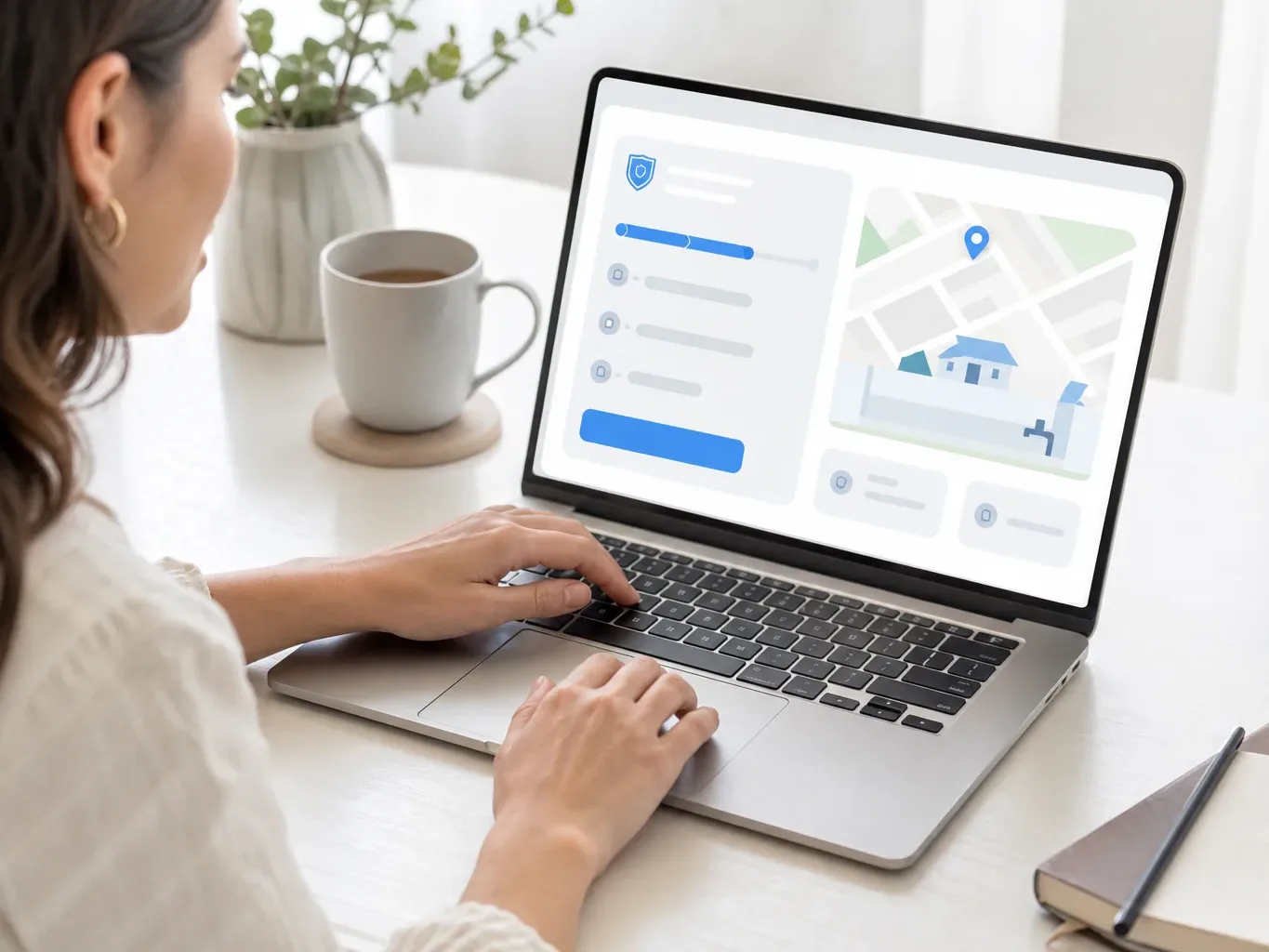 A person sits at a desk using a laptop, the screen showing an illustrated map and property interface, with a coffee cup and plant in the background