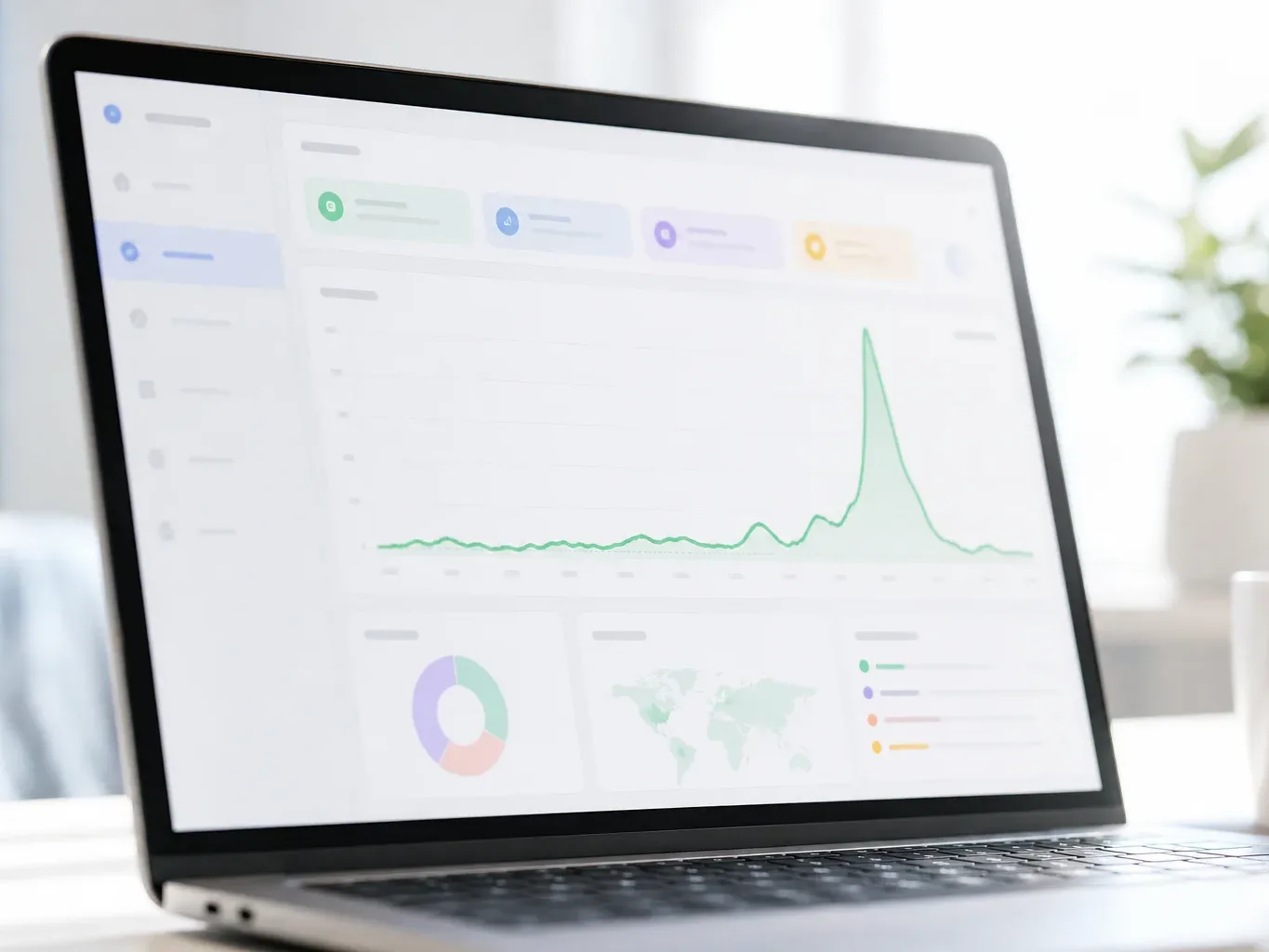 A laptop on a desk displays an analytics dashboard with a prominent spike on a line chart, alongside a donut chart and world map visualisation