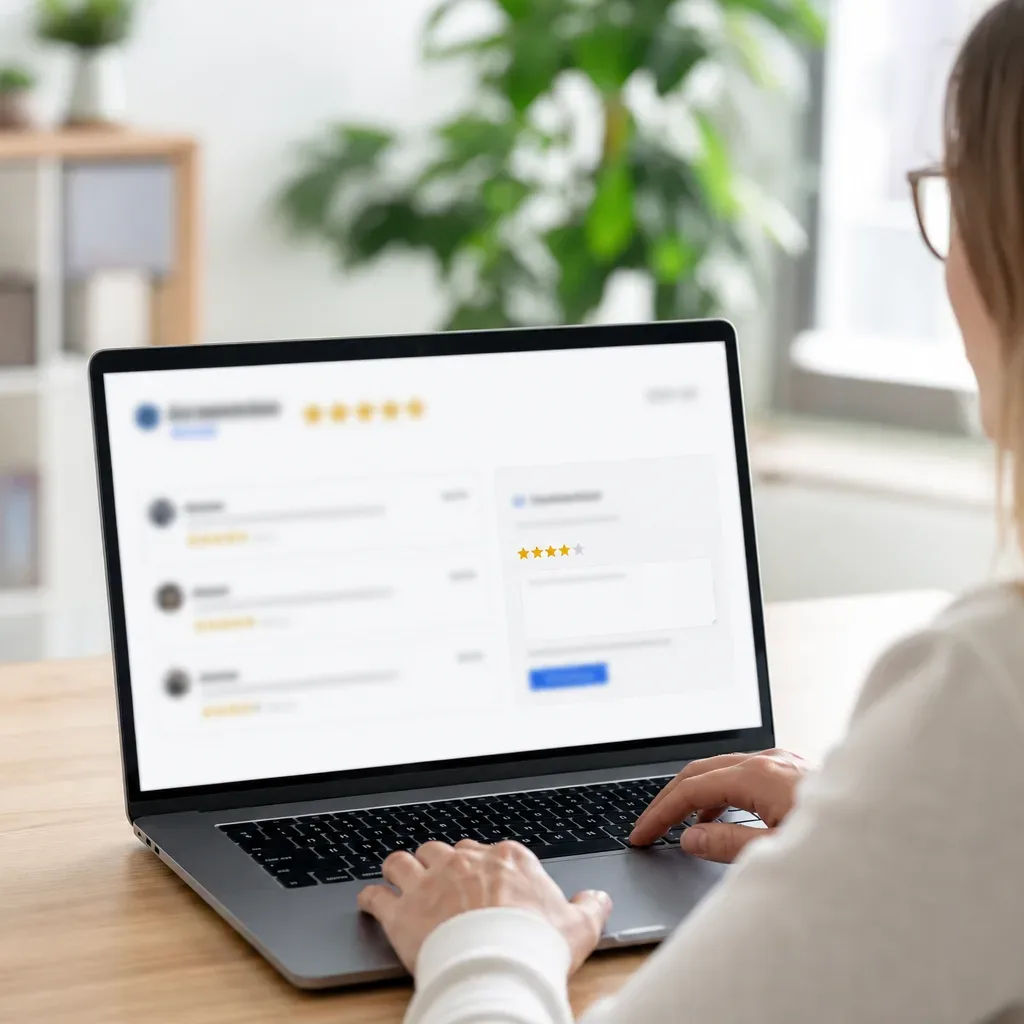 A person sits at a wooden desk using a laptop displaying a review platform with star ratings and blurred text, with a small plant and mug nearby