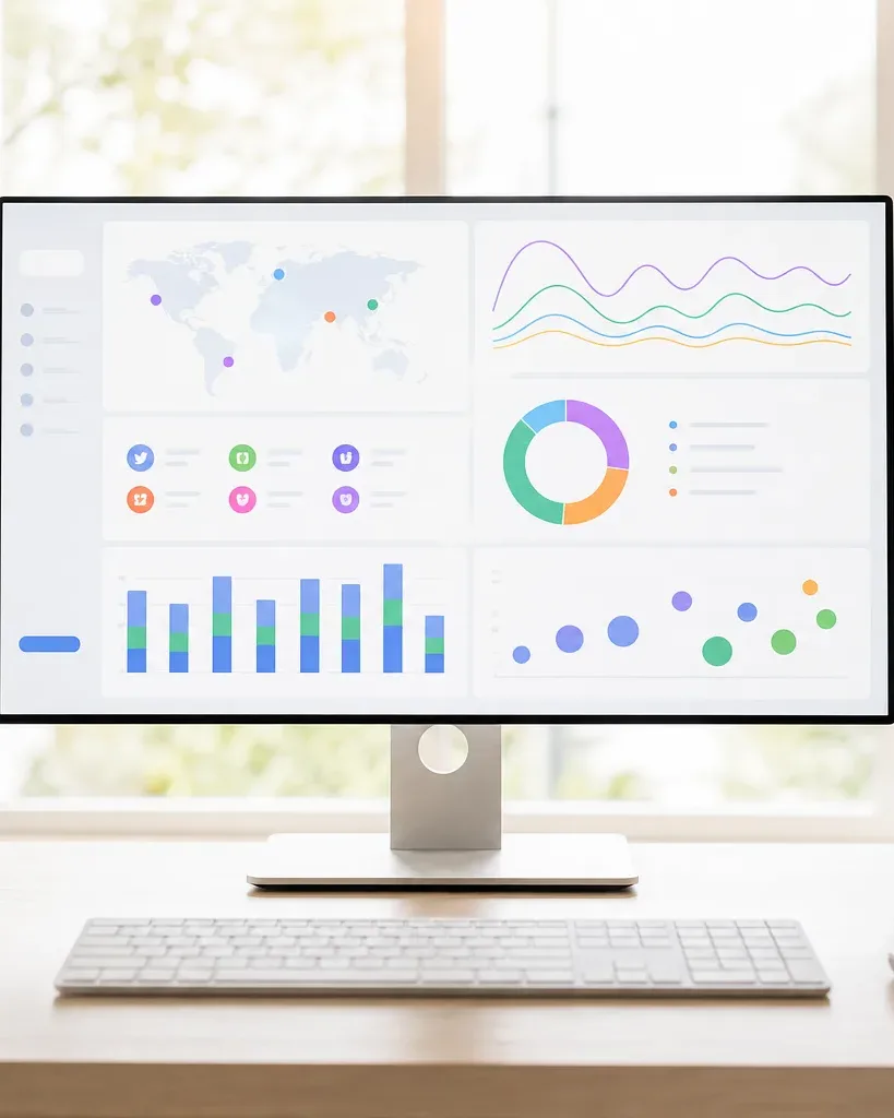 A desktop monitor on a light wood desk displays a colourful data dashboard with maps, charts and graphs, beside a keyboard, mouse, small plant and mug