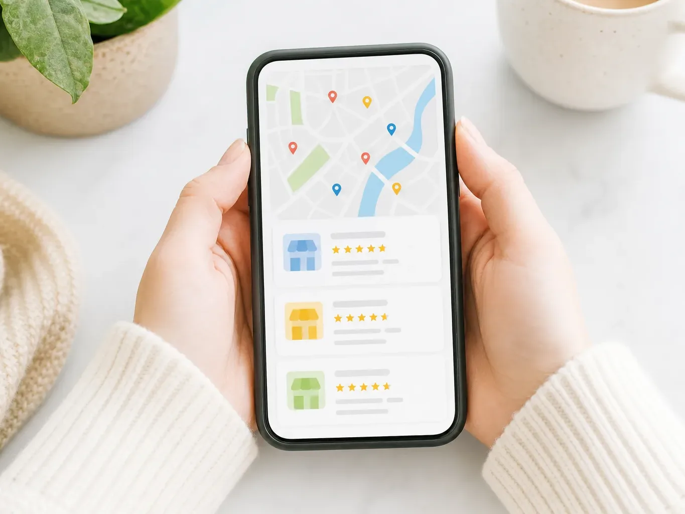 A person holds a smartphone displaying a map with location pins above a list of businesses with star ratings
