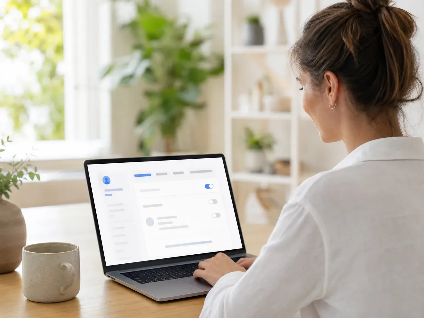 A person sits at a wooden desk working on a laptop, in a light-filled home workspace with plants and a mug nearby
