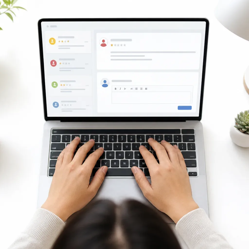 A person types on a laptop at a clean desk, viewed from above, with a review management interface visible on the screen, beside a cup, a plant and a small succulent