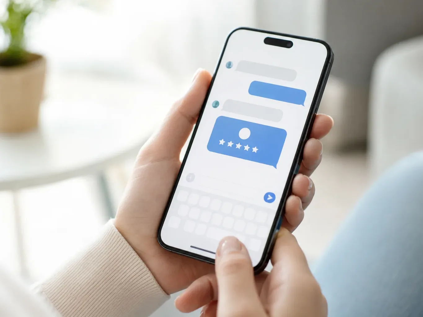 A person holds a smartphone showing an abstract messaging interface with star-rating graphics on screen
