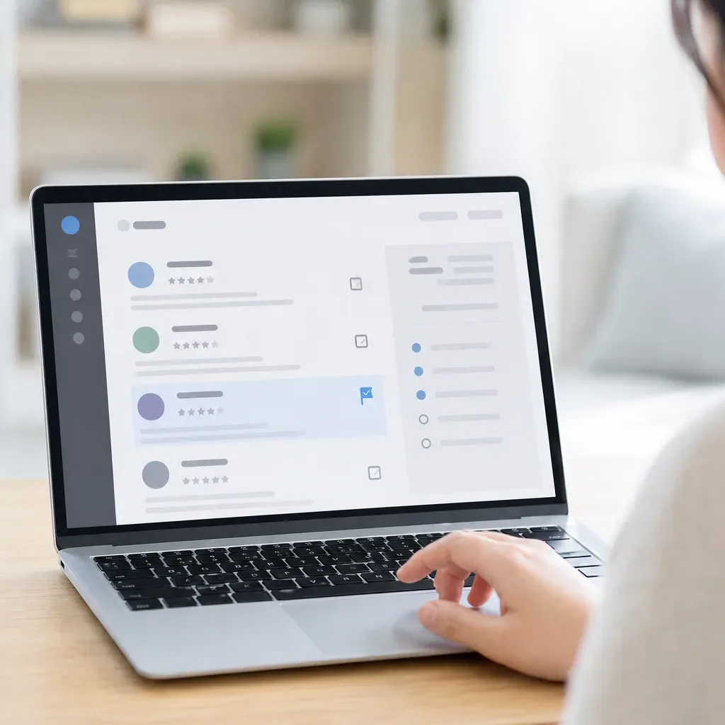A person uses the trackpad of a laptop displaying an abstract review-listing interface with a flagging option highlighted, in a softly lit home workspace