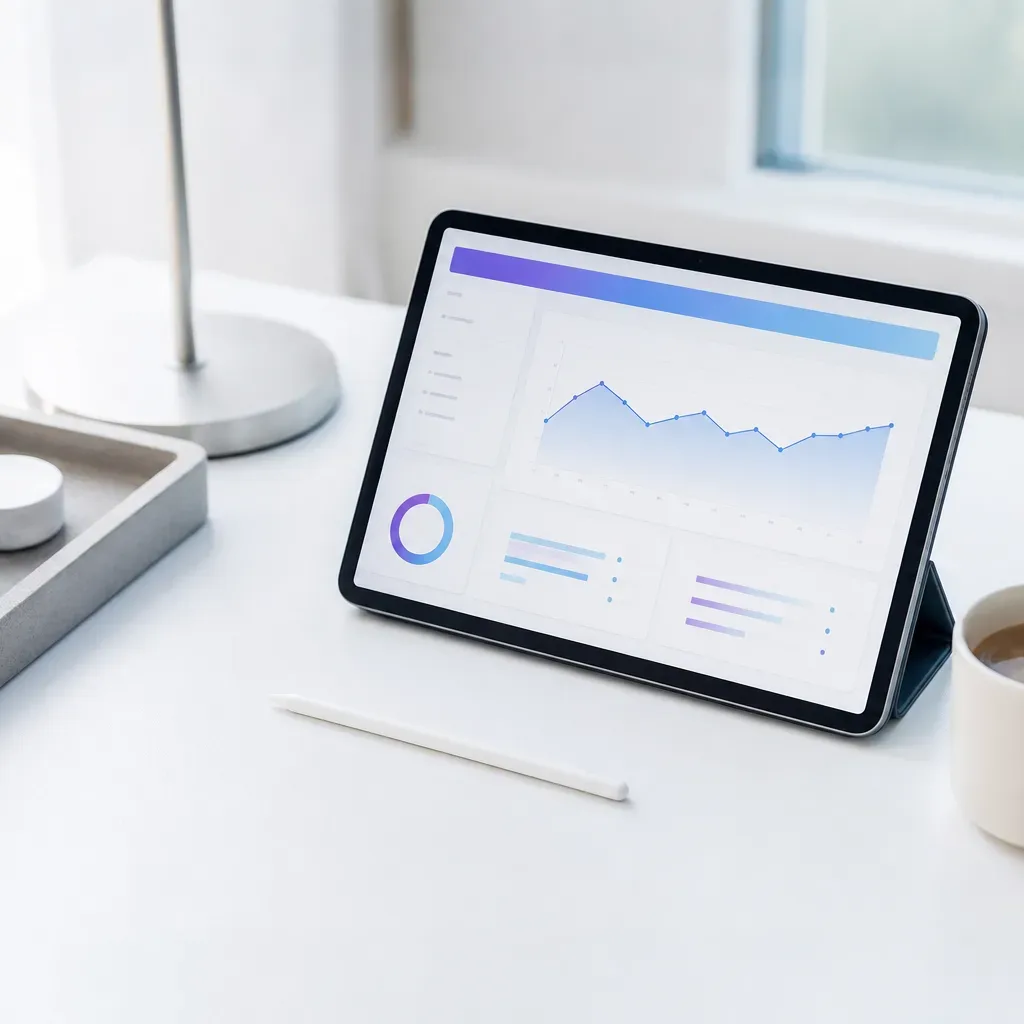 A tablet displaying a data dashboard with line charts and graphs stands propped on a white desk beside a stylus, a cup of coffee, and a small potted succulent