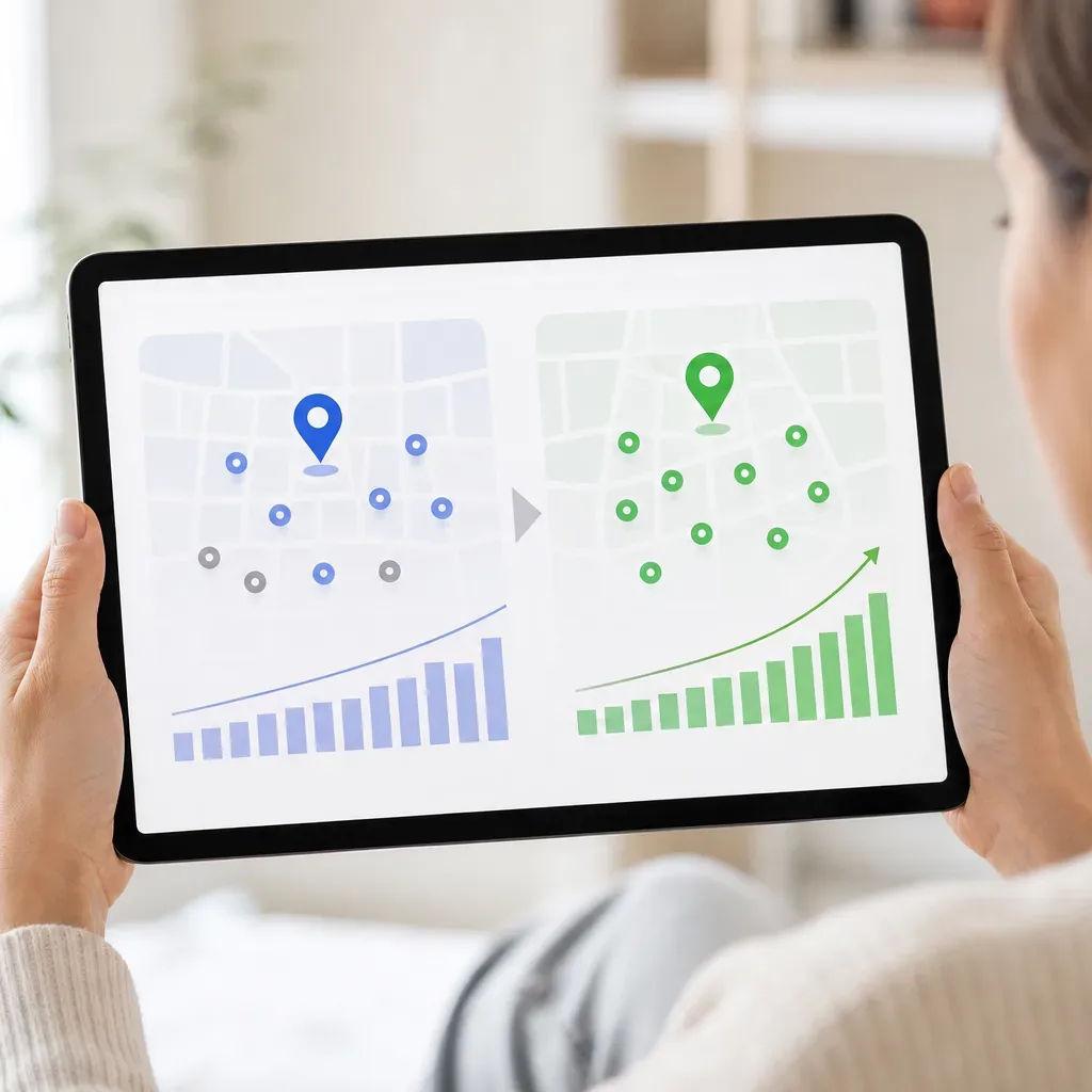 A person holds a tablet displaying two abstract map and bar-chart comparisons side by side, viewed from behind in a softly blurred interior