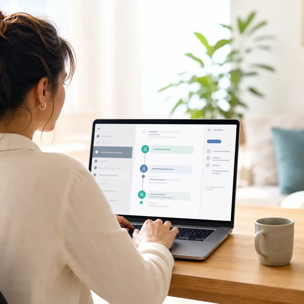 A person seen from behind sits at a wooden desk working on a laptop displaying a colourful workflow interface, beside a mug and a small potted plant
