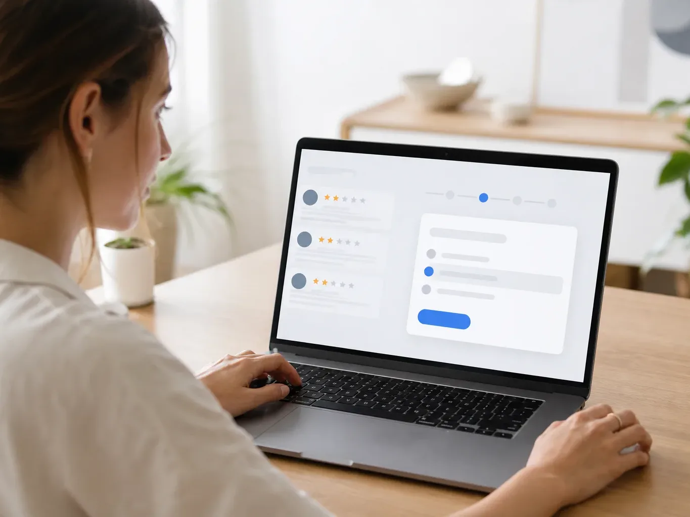 A person sits at a wooden desk using a laptop that displays an abstract interface with star ratings and a pop-up panel with a blue button