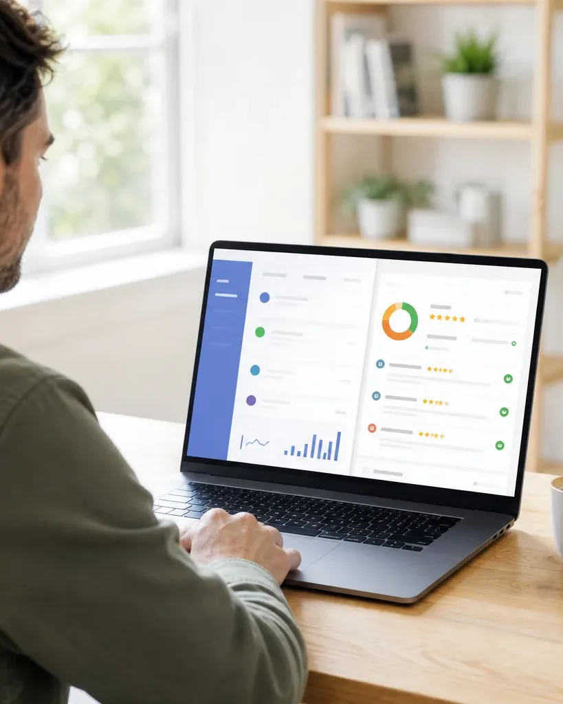 A person seen from behind works at a laptop displaying a dashboard with charts and star ratings, at a wooden desk with a coffee cup and small plant nearby
