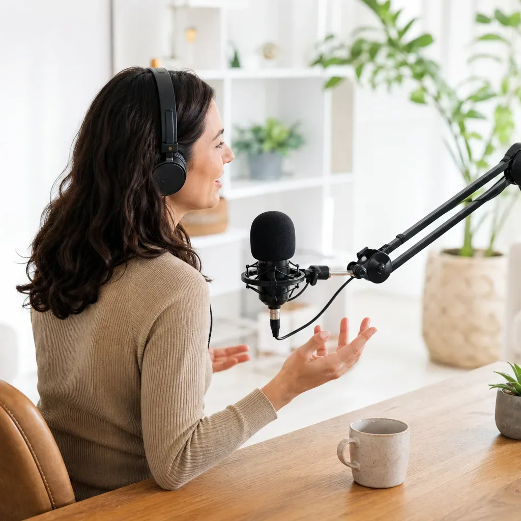 A person seated at a wooden desk recording a podcast, speaking into a boom microphone whilst wearing headphones, in a bright home workspace with plants and shelving