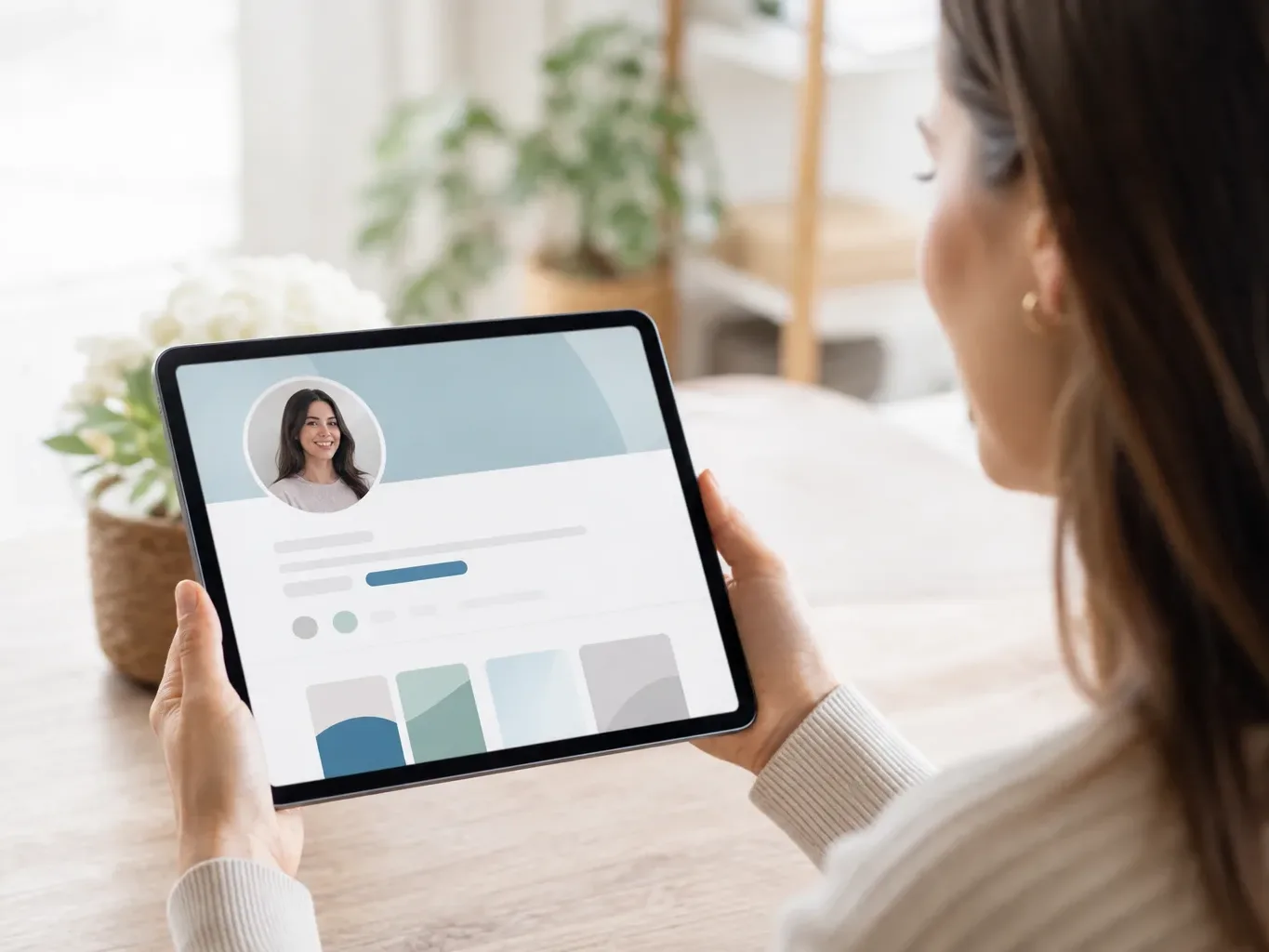 A person holds a tablet displaying an abstract profile page with a circular headshot and coloured graphic elements, seated at a wooden table in a softly lit interior