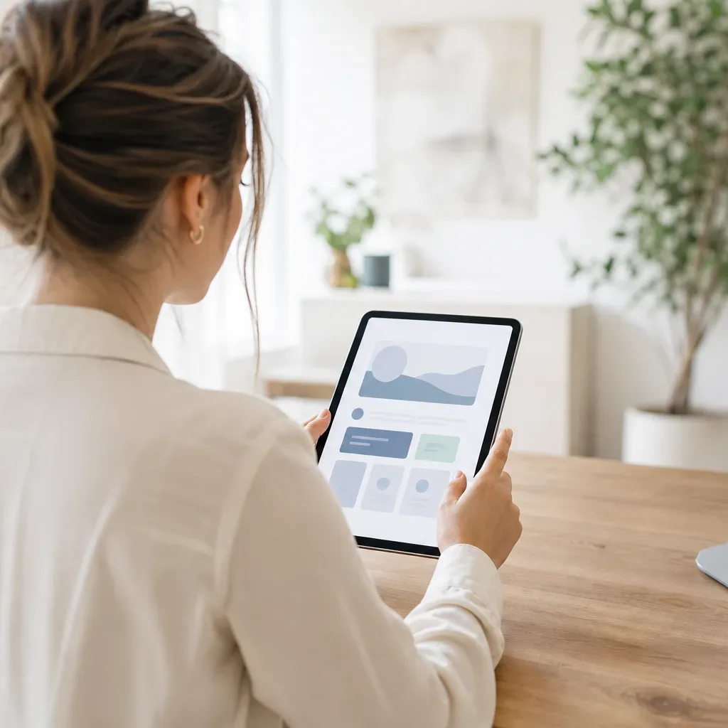 A person seen from behind holds a tablet displaying an abstract dashboard interface, seated at a wooden desk with a coffee cup nearby in a bright interior