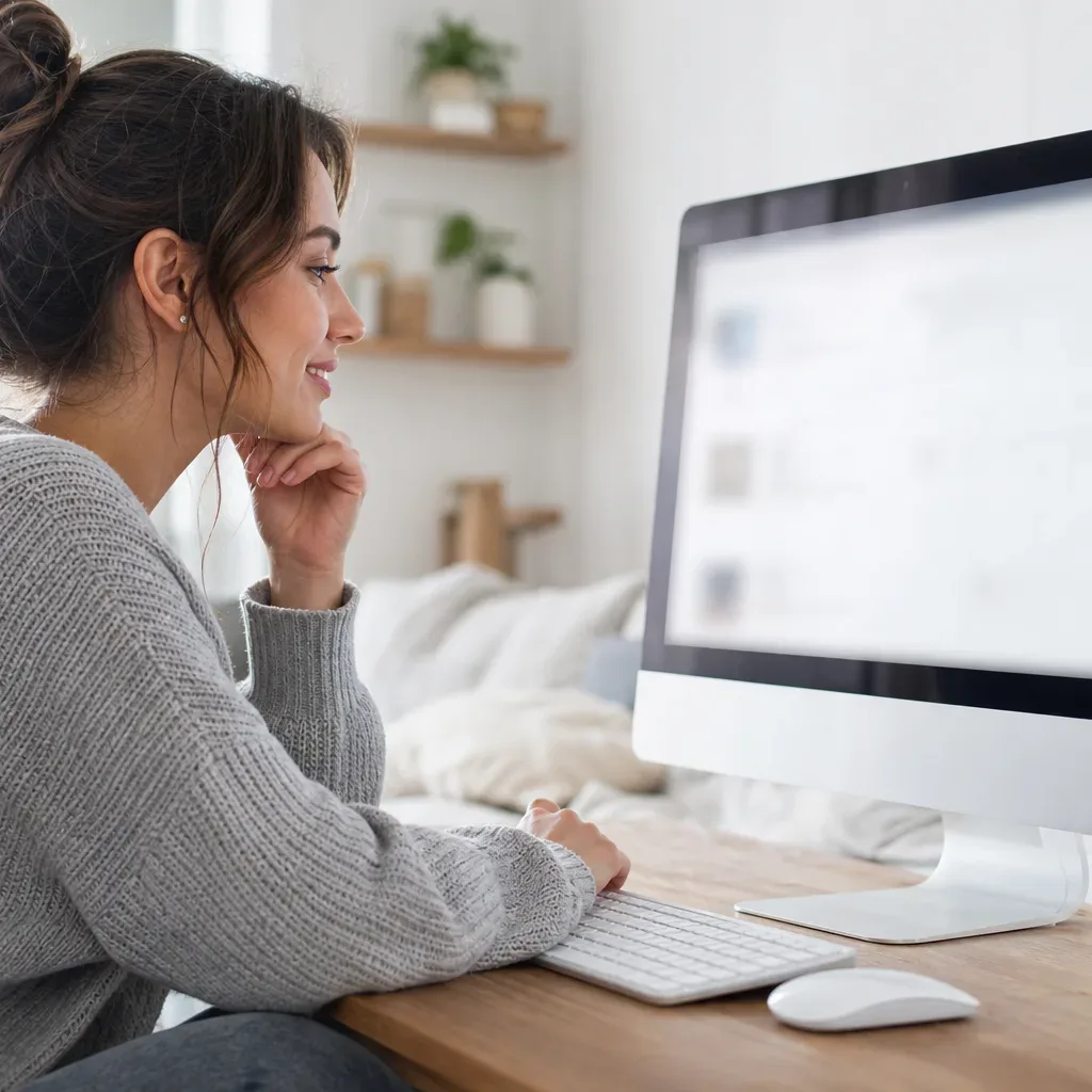 A person in a grey knit jumper sits at a home desk, smiling as they look at a large monitor, with a keyboard and mouse on the wooden surface