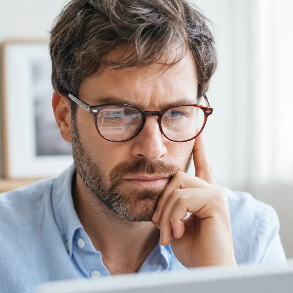 A person wearing glasses and a light blue shirt rests their chin on their hand while concentrating on a screen in a home workspace