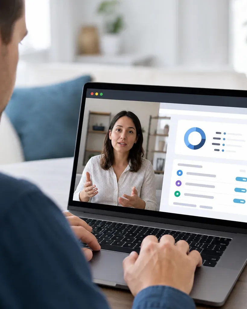 An individual at a laptop at eye level in flat even lighting