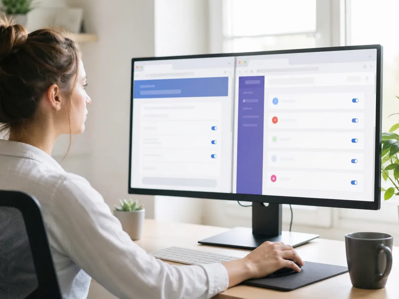 A person sits at a desk using a mouse, looking at a large monitor displaying two browser tabs with toggle-switch interfaces, with plants and a mug nearby