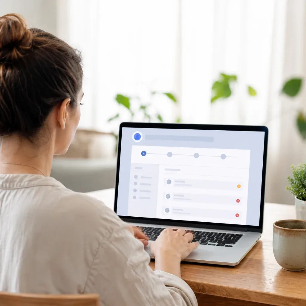 A person seen from behind works at a laptop displaying an abstract dashboard interface, seated at a wooden desk with a mug and small potted plant in a bright home interior