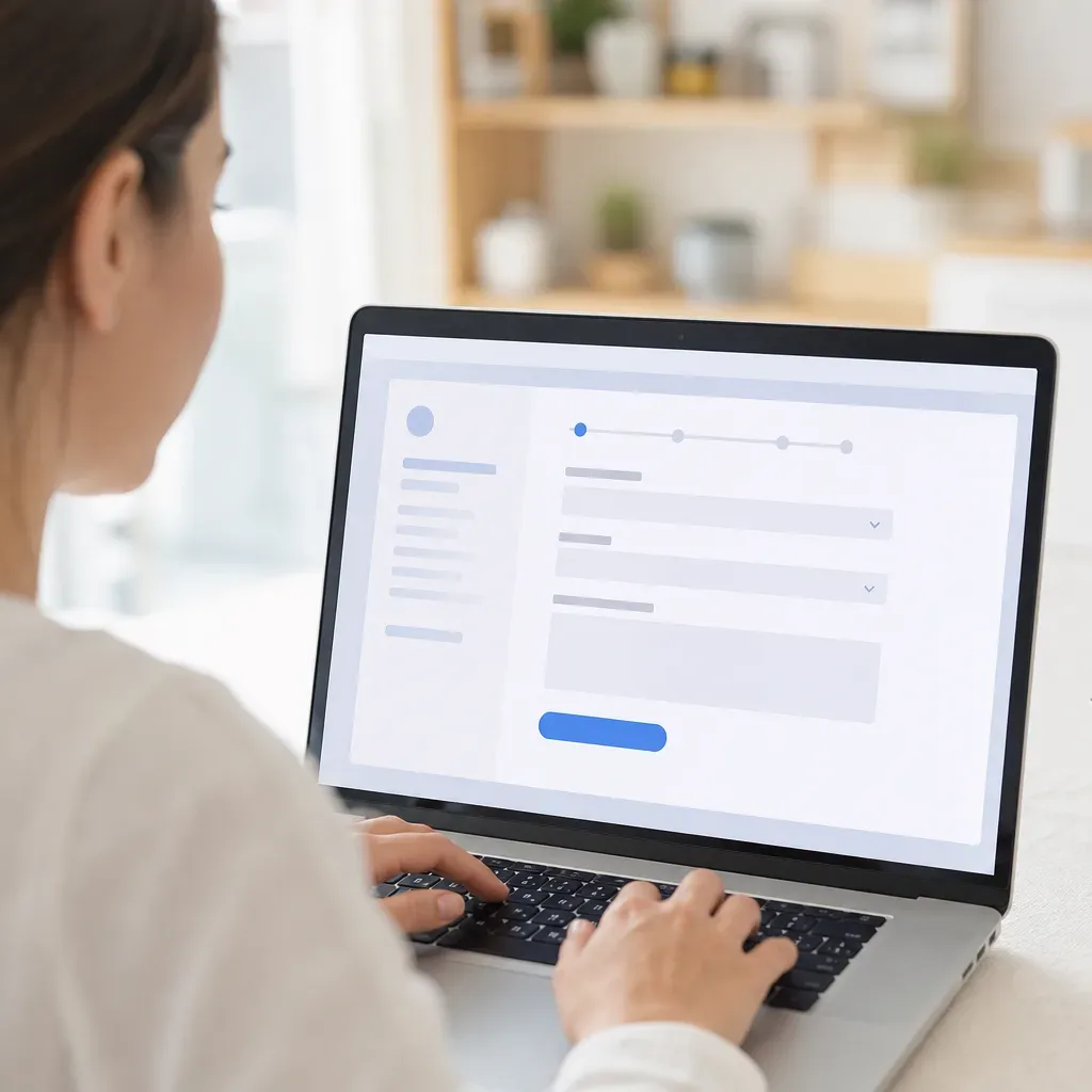 A person sits at a desk in a home interior, typing on a laptop showing an abstract form interface with dropdown fields and a blue button